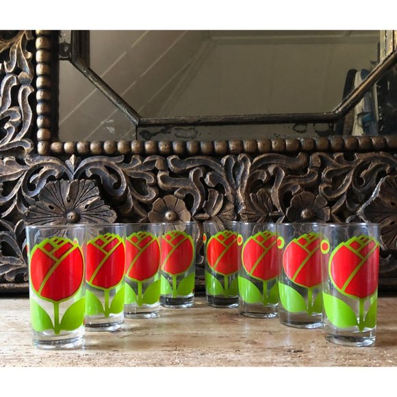 Set of 8 Eight Vintage MCM Colony Tulip Flower Olives Highball Drinking Glasses - Picture 6 of 11